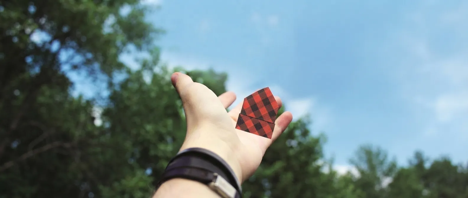 Mano sosteniendo un Pinchirulo de tela a cuadros rojos y negros
